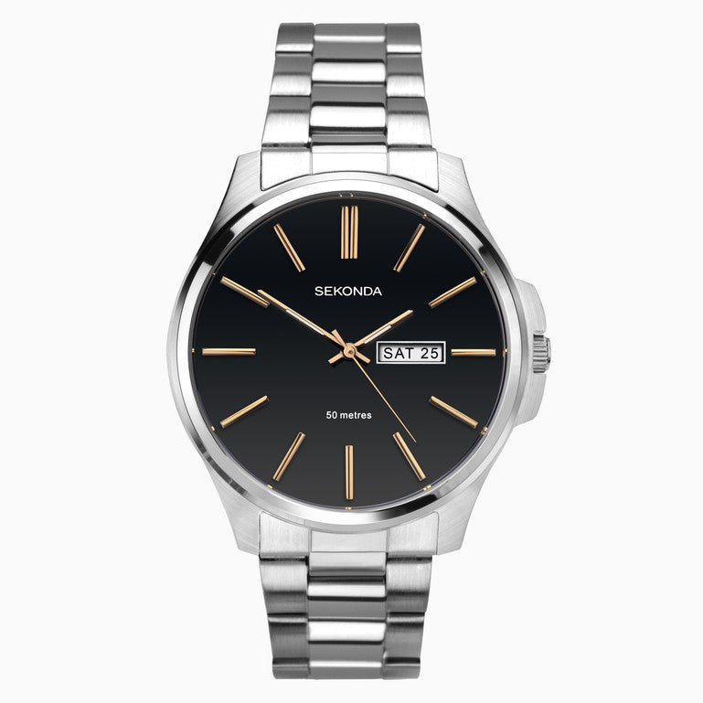SEKONDA Classic Men's Watch | Silver Case & Stainless Steel Bracelet with Black Dial - 1097