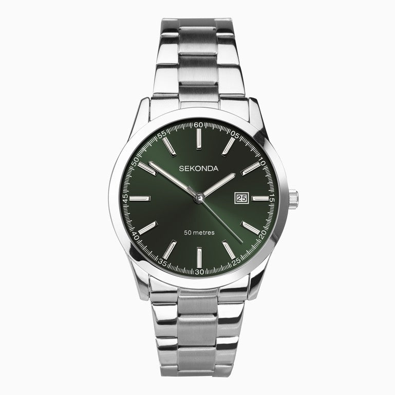 SEKONDA Taylor Men's Watch | Silver Case & Stainless Steel Bracelet with Green Dial - 1946