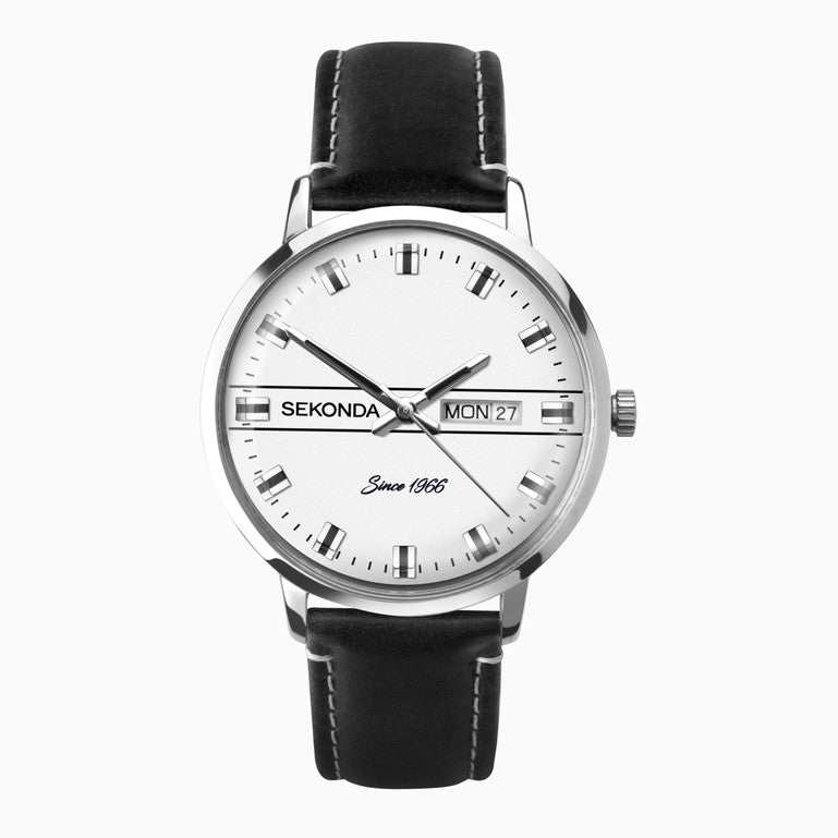SEKONDA Originals Men's Watch | Silver Case & Black Leather Strap with Silver Dial - 1948
