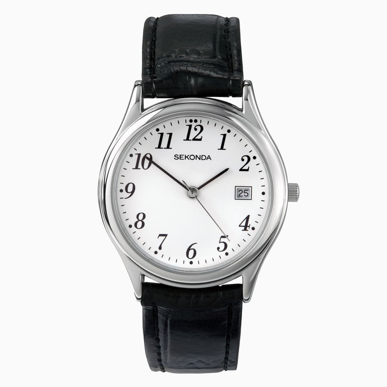 SEKONDA Easy Reader Men's Watch | Silver Case & Leather Upper Strap with White Dial - 3473