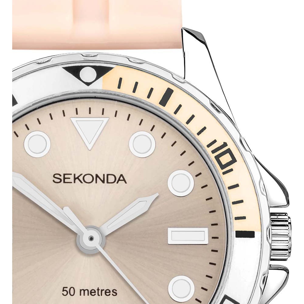 SEKONDA Balearic Ladies Watch | Silver Alloy Case & Pink Rubber Strap with Beige Dial - 40568