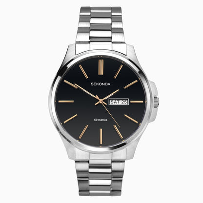 SEKONDA Classic Men's Watch | Silver Case & Stainless Steel Bracelet with Black Dial - 1097