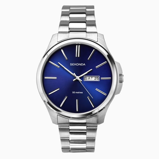 SEKONDA Men's Watch | Silver Case & Stainless Steel Bracelet with Blue Dial - 1224