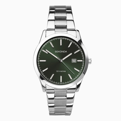 SEKONDA Taylor Men's Watch | Silver Case & Stainless Steel Bracelet with Green Dial - 1946