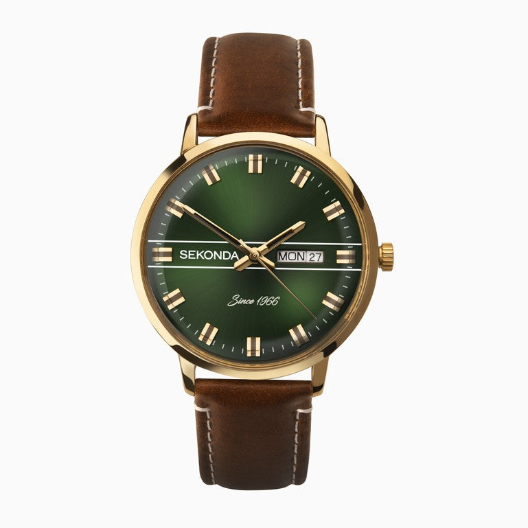 SEKONDA Originals Men's Watch | Gold Case & Brown Leather Strap with Green Dial - 1949