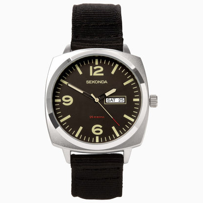 SEKONDA Airborne Men's Watch | Silver Case & Black Canvas Strap with Black Dial - 1992