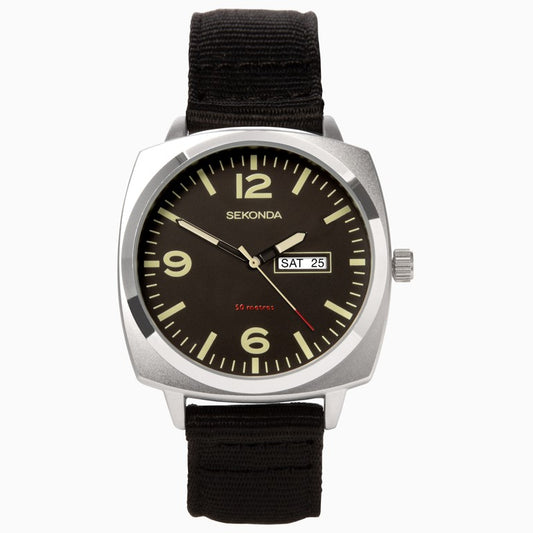 SEKONDA Airborne Men's Watch | Silver Case & Black Canvas Strap with Black Dial - 1992