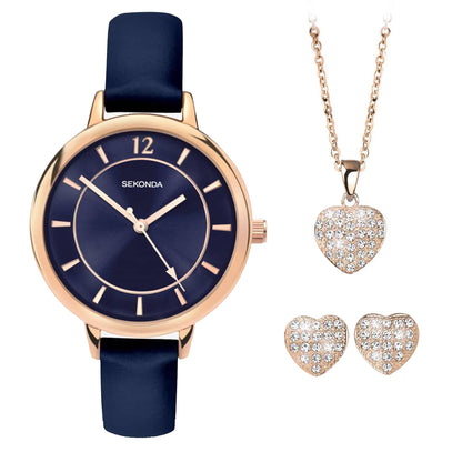 Sekonda Classic Ladies Watch | Rose Gold Case & PU Strap with Blue Dial | 2136 - Gift Set