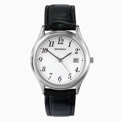 SEKONDA Easy Reader Men's Watch | Silver Case & Leather Upper Strap with White Dial - 3473