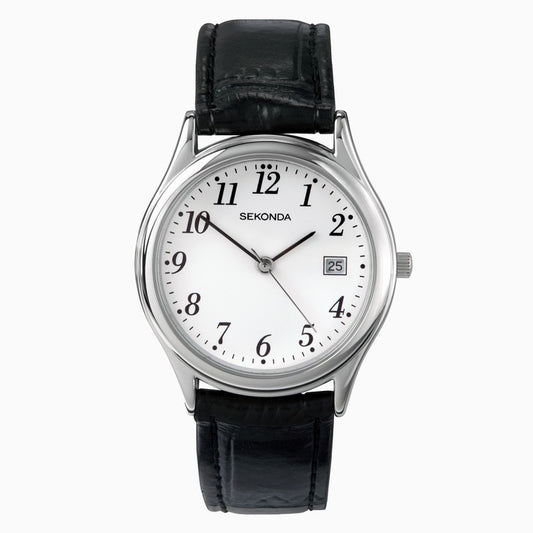 SEKONDA Easy Reader Men's Watch | Silver Case & Leather Upper Strap with White Dial - 3473