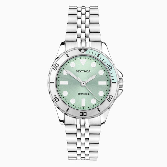 SEKONDA Balearic Ladies Watch | Silver Alloy Case & Stainless Steel Bracelet with Green Dial - 40565