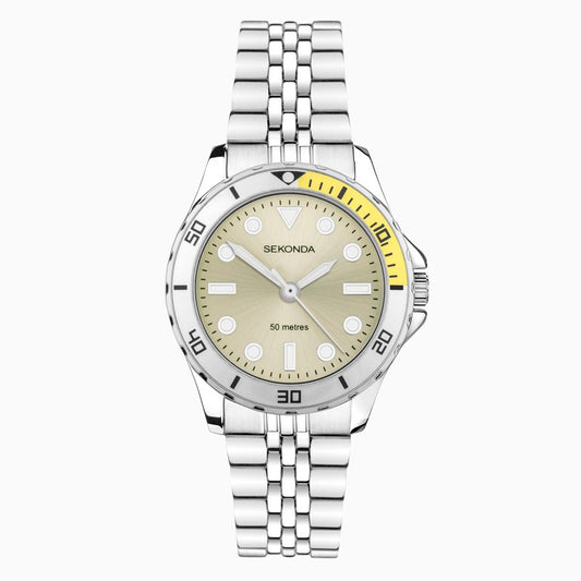 SEKONDA Balearic Ladies Watch | Silver Alloy Case & Stainless Steel Bracelet with Yellow Dial - 40566