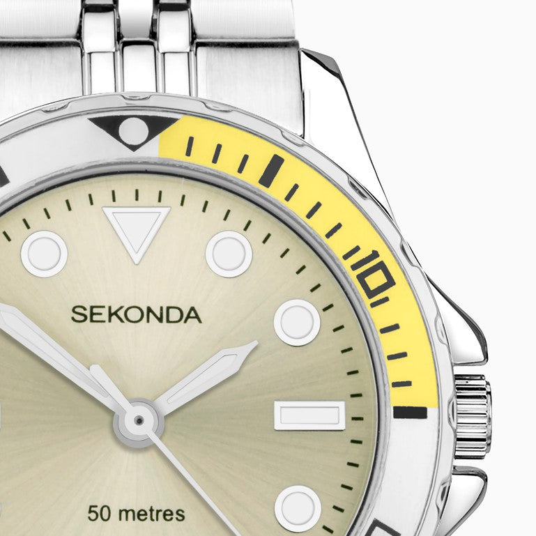 SEKONDA Balearic Ladies Watch | Silver Alloy Case & Stainless Steel Bracelet with Yellow Dial - 40566