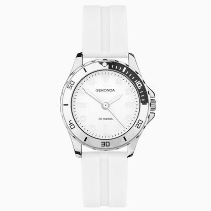 SEKONDA Balearic Ladies Watch | Silver Alloy Case & White Rubber Strap with Silver-White Dial - 40567