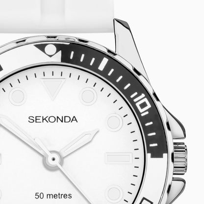 SEKONDA Balearic Ladies Watch | Silver Alloy Case & White Rubber Strap with Silver-White Dial - 40567