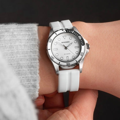 SEKONDA Balearic Ladies Watch | Silver Alloy Case & White Rubber Strap with Silver-White Dial - 40567