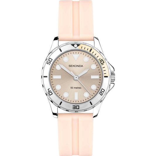 SEKONDA Balearic Ladies Watch | Silver Alloy Case & Pink Rubber Strap with Beige Dial - 40568