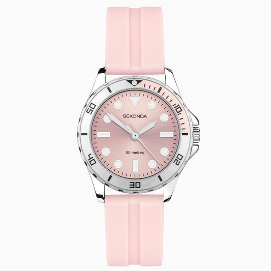 SEKONDA Balearic Ladies Watch | Silver Alloy Case & Pink Rubber Strap with Pink Dial - 40569