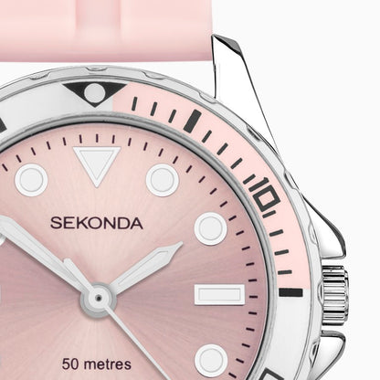 SEKONDA Balearic Ladies Watch | Silver Alloy Case & Pink Rubber Strap with Pink Dial - 40569