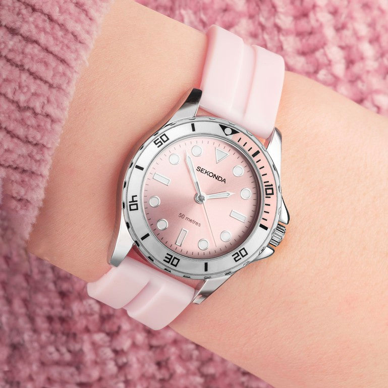 SEKONDA Balearic Ladies Watch | Silver Alloy Case & Pink Rubber Strap with Pink Dial - 40569