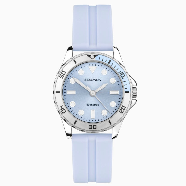 SEKONDA Balearic Ladies Watch | Silver Alloy Case & Blue Rubber Strap with Blue Dial - 40570