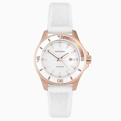 SEKONDA Pacific Wave Ladies Watch | Rose Gold Stainless Steel Case & White Silicone Strap with Silver-White Dial - 40572