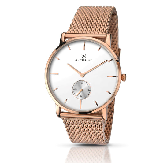 Mens Accurist Watch with Rose Gold Strap and White Dial Watch 7128