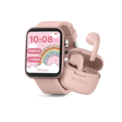 Tikkers Smart Series 13 - Pink Silicone Strap Smart Watch & Earbuds Set TKS13-0031- Gift Set