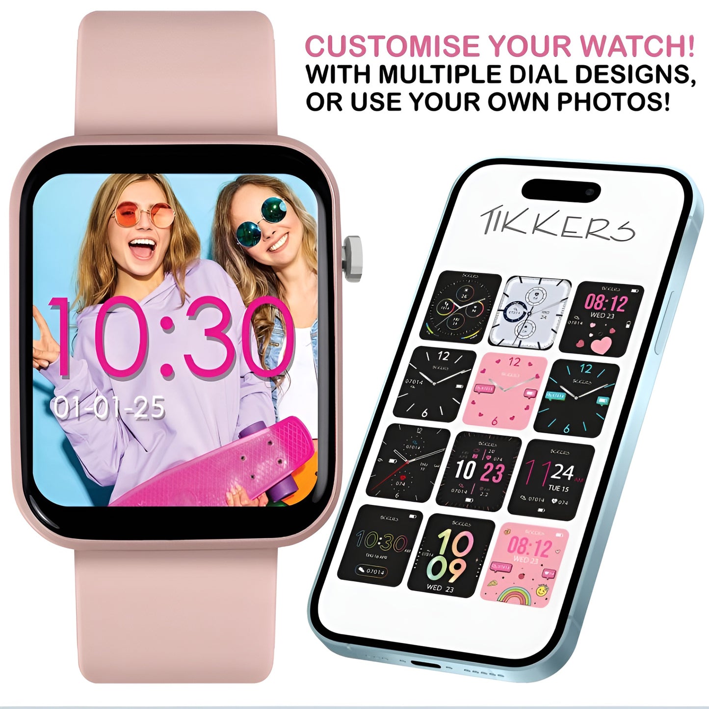Tikkers Smart Series 13 - Pink Silicone Strap Smart Watch & Earbuds Set TKS13-0031- Gift Set