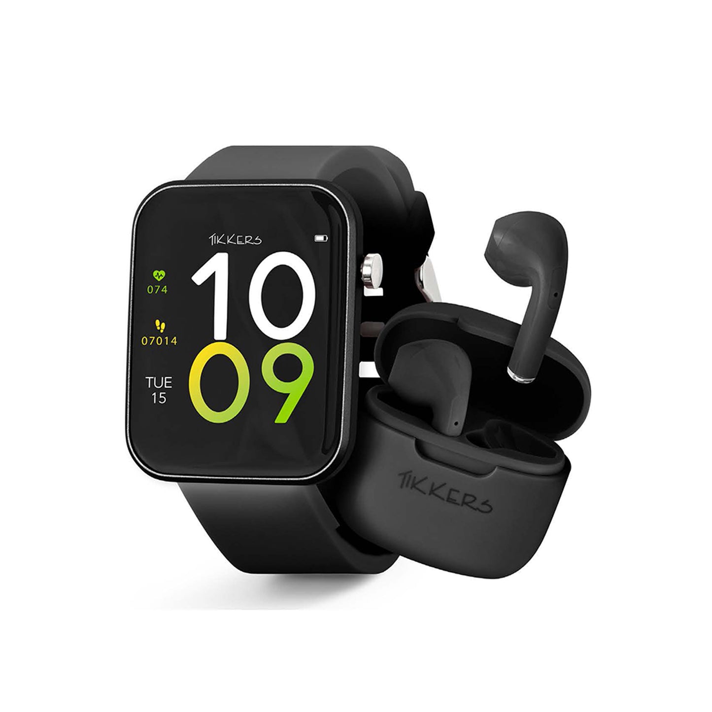Tikkers Smart Series 13 - Black Silicone Strap Smart Watch & Earbuds Set TKS13-0032- Gift Set