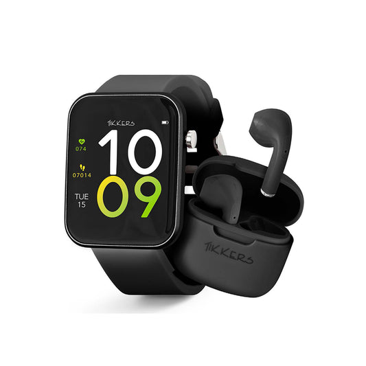 Tikkers Smart Series 13 - Black Silicone Strap Smart Watch & Earbuds Set TKS13-0032- Gift Set