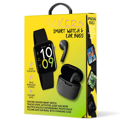 Tikkers Smart Series 13 - Black Silicone Strap Smart Watch & Earbuds Set TKS13-0032- Gift Set