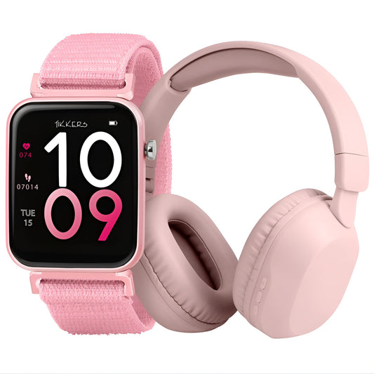 Tikkers Smart Series 13 - Pink Fabric Strap Smart Watch & Headphone TKS13-0034- Gift Set